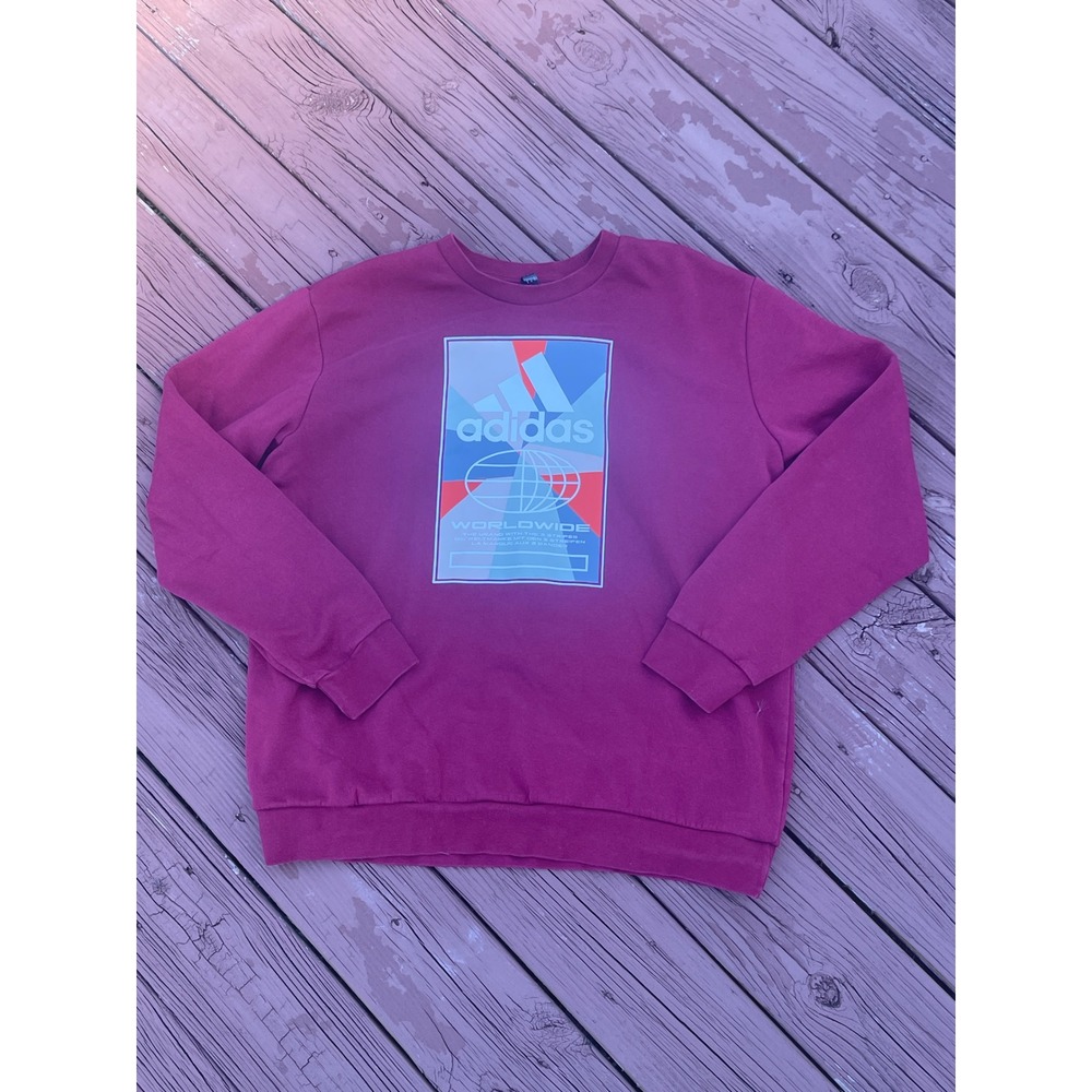 Adidas Worldwide Graphic Crew Neck Sweatshirt Burgundy Casual Athleisure XL - Picture 1 of 3